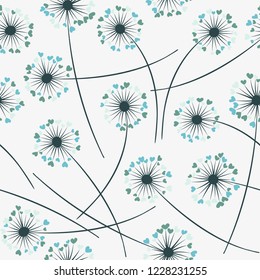 Cute dandelion blowing vector floral seamless pattern. Simple flowers with heart shaped petals. Dandelion herbs meadow flowers floral pattern design. Meadow blossom textile print graphics.