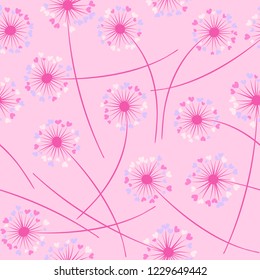 Cute dandelion blowing vector floral seamless pattern. Simple flowers with heart shaped petals. Dandelion herbs meadow flowers floral background design. Meadow blossom with hearts petals.