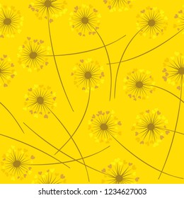 Cute dandelion blowing vector floral seamless pattern. Spring flowers with heart shaped petals. Dandelion herbs meadow flowers floral background design. Meadow blossom fabric print.