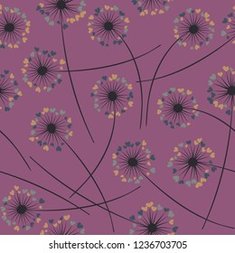 Cute dandelion blowing vector floral seamless pattern. Lovely flowers with heart shaped fluff flying. Vector dandelion herbs meadow flowers floral background. Meadow blossom textile print graphics.