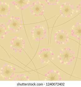 Cute dandelion blowing vector floral seamless pattern. Cute flowers with heart shaped petals. Dandelion herbs meadow flowers floral background design. Meadow blossom fabric print graphics.