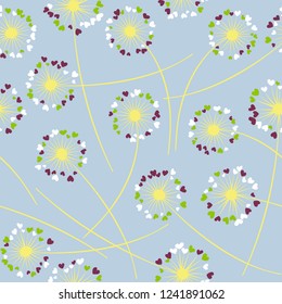 Cute dandelion blowing vector floral seamless pattern. Simple flowers with heart shaped petals. Dandelion herbs meadow flowers floral background design. Meadow blossom fabric print.