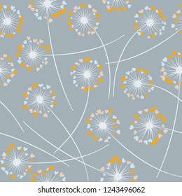 Cute dandelion blowing vector floral seamless pattern. May flowers with heart shaped fluff flying. Dandelion herbs meadow flowers floral background design. Meadow blossom with hearts fuzz.
