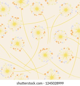 Cute dandelion blowing vector floral seamless pattern. Cute flowers with heart shaped petals. Dandelion herbs meadow flowers floral pattern design. Meadow blossom textile print graphics.