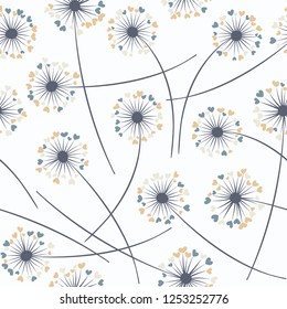 Cute dandelion blowing vector floral seamless pattern. Simple flowers with heart shaped petals. Dandelion herbs meadow flowers floral pattern design. Meadow blossom fabric print graphics.