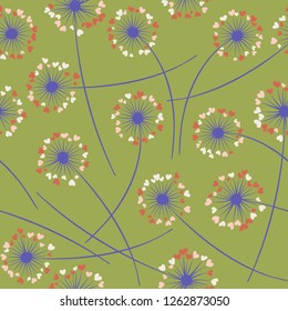 Cute dandelion blowing vector floral seamless pattern. Simple flowers with heart shaped petals. Vector dandelion herbs meadow flowers floral background. Meadow blossom textile print.