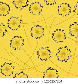 Cute dandelion blowing vector floral seamless pattern. Lovely flowers with heart shaped fluff flying. Dandelion herbs meadow flowers floral background design. Meadow blossom textile print graphics.