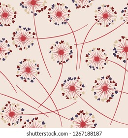 Cute dandelion blowing vector floral seamless pattern. Simple flowers with heart shaped petals. Dandelion herbs meadow flowers floral background design. Meadow blossom textile print.