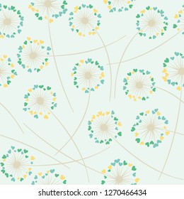 Cute dandelion blowing vector floral seamless pattern. Spring flowers with heart shaped petals. Vector dandelion herbs meadow flowers floral background. Meadow blossom with hearts fuzz.