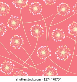 Cute dandelion blowing vector floral seamless pattern. May flowers with heart shaped petals. Vector dandelion herbs meadow flowers floral background. Meadow blossom textile print.