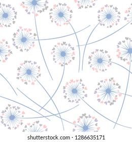 Cute dandelion blowing vector floral seamless pattern. May flowers with heart shaped fluff flying. Vector dandelion herbs meadow flowers floral background. Meadow blossom fabric print.