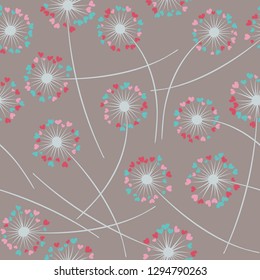 Cute dandelion blowing vector floral seamless pattern. Cute flowers with heart shaped petals. Vector dandelion herbs meadow flowers floral background. Meadow blossom textile print.