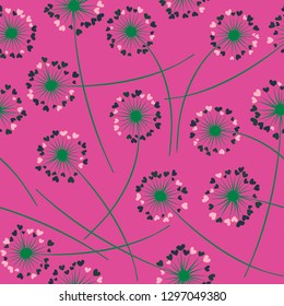 Cute dandelion blowing vector floral seamless pattern. May flowers with heart shaped petals. Dandelion herbs meadow flowers floral background design. Meadow blossom textile print graphics.