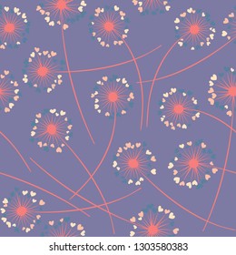 Cute dandelion blowing vector floral seamless pattern. Spring flowers with heart shaped fluff flying. Vector dandelion herbs meadow flowers floral background. Meadow blossom with hearts petals.