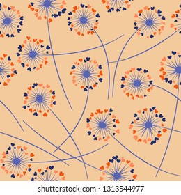 Cute dandelion blowing vector floral seamless pattern. Lovely flowers with heart shaped petals. Dandelion herbs meadow flowers floral pattern design. Hearts love symbols meadow blossom.