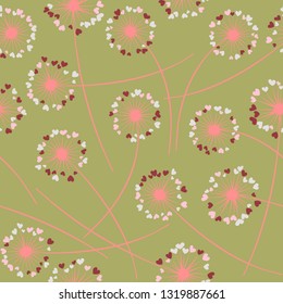 Cute dandelion blowing vector floral seamless pattern. Cute flowers with heart shaped fluff flying. Dandelion herbs meadow flowers floral pattern design. Meadow blossom with hearts fuzz.