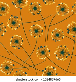 Cute dandelion blowing vector floral seamless pattern. Spring flowers with heart shaped fluff flying. Dandelion herbs meadow flowers floral pattern design. Meadow blossom textile print.