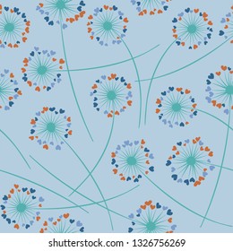 Cute dandelion blowing vector floral seamless pattern. May flowers with heart shaped petals. Dandelion herbs meadow flowers floral background design. Hearts love symbols meadow blossom.