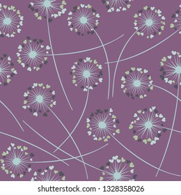 Cute dandelion blowing vector floral seamless pattern. Simple flowers with heart shaped petals. Vector dandelion herbs meadow flowers floral background. Hearts love symbols meadow blossom.