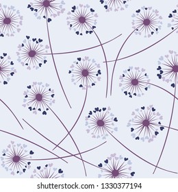 Cute dandelion blowing vector floral seamless pattern. Simple flowers with heart shaped fluff flying. Dandelion herbs meadow flowers floral pattern design. Meadow blossom with hearts fuzz.