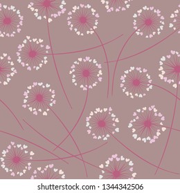 Cute dandelion blowing vector floral seamless pattern. May flowers with heart shaped petals. Vector dandelion herbs meadow flowers floral background. Meadow blossom fabric print graphics.