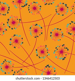 Cute dandelion blowing vector floral seamless pattern. May flowers with heart shaped petals. Dandelion herbs meadow flowers floral background design. Meadow blossom with hearts petals.
