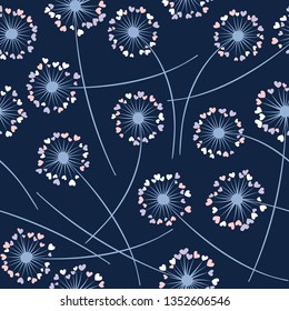Cute dandelion blowing vector floral seamless pattern. Simple flowers with heart shaped fluff flying. Dandelion herbs meadow flowers floral pattern design. Meadow blossom with hearts fuzz.