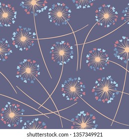 Cute dandelion blowing vector floral seamless pattern. Cute flowers with heart shaped petals. Dandelion herbs meadow flowers floral background design. Hearts love symbols meadow blossom.