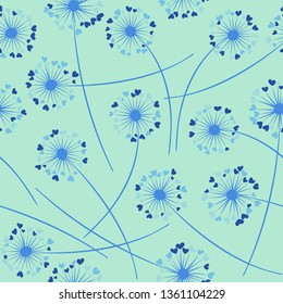Cute dandelion blowing vector floral seamless pattern. Simple flowers with heart shaped petals. Dandelion herbs meadow flowers floral pattern design. Hearts love symbols meadow blossom.