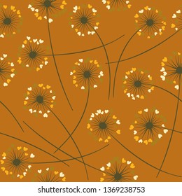 Cute dandelion blowing vector floral seamless pattern. Spring flowers with heart shaped fluff flying. Dandelion herbs meadow flowers floral background design. Meadow blossom textile print graphics.