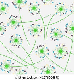 Cute dandelion blowing vector floral seamless pattern. Spring flowers with heart shaped fluff flying. Vector dandelion herbs meadow flowers floral background. Meadow blossom textile print graphics.