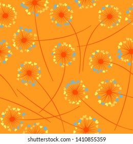 Cute dandelion blowing vector floral seamless pattern. Simple flowers with heart shaped fluff flying. Dandelion herbs meadow flowers floral pattern design. Meadow blossom textile print.