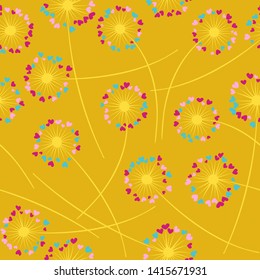 Cute dandelion blowing vector floral seamless pattern. Cute flowers with heart shaped fluff flying. Dandelion herbs meadow flowers floral background design. Hearts love symbols meadow blossom.
