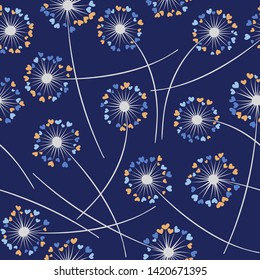 Cute dandelion blowing vector floral seamless pattern. May flowers with heart shaped fluff flying. Vector dandelion herbs meadow flowers floral background. Meadow blossom with hearts petals.