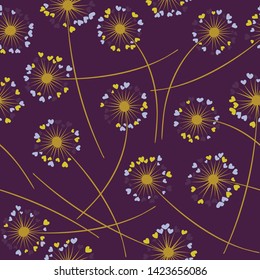 Cute dandelion blowing vector floral seamless pattern. Cute flowers with heart shaped fluff flying. Dandelion herbs meadow flowers floral background design. Meadow blossom textile print.