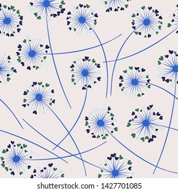 Cute dandelion blowing vector floral seamless pattern. May flowers with heart shaped fluff flying. Dandelion herbs meadow flowers floral background design. Meadow blossom textile print graphics.