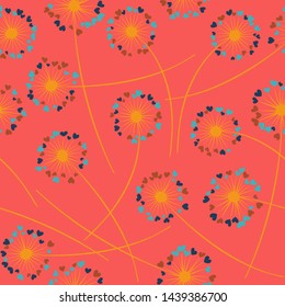 Cute dandelion blowing vector floral seamless pattern. Simple flowers with heart shaped fluff flying. Dandelion herbs meadow flowers floral background design. Meadow blossom textile print graphics.
