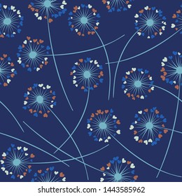 Cute dandelion blowing vector floral seamless pattern. Lovely flowers with heart shaped petals. Dandelion herbs meadow flowers floral pattern design. Meadow blossom with hearts petals.