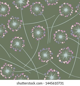 Cute dandelion blowing vector floral seamless pattern. May flowers with heart shaped petals. Dandelion herbs meadow flowers floral background design. Meadow blossom fabric print.
