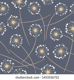 Cute dandelion blowing vector floral seamless pattern. Spring flowers with heart shaped fluff flying. Dandelion herbs meadow flowers floral pattern design. Meadow blossom textile print.