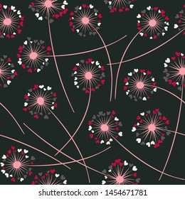 Cute dandelion blowing vector floral seamless pattern. Simple flowers with heart shaped petals. Dandelion herbs meadow flowers floral pattern design. Meadow blossom fabric print.
