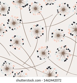 Cute dandelion blowing vector floral seamless pattern. May flowers with heart shaped fluff flying. Dandelion herbs meadow flowers floral pattern design. Hearts love symbols meadow blossom.