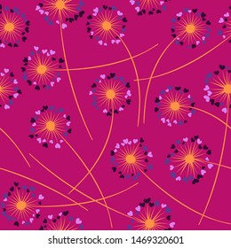 Cute dandelion blowing vector floral seamless pattern. Spring flowers with heart shaped petals. Vector dandelion herbs meadow flowers floral background. Meadow blossom with hearts fuzz.