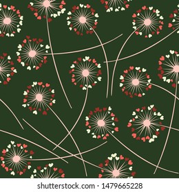 Cute dandelion blowing vector floral seamless pattern. Spring flowers with heart shaped fluff flying. Dandelion herbs meadow flowers floral pattern design. Meadow blossom fabric print graphics.