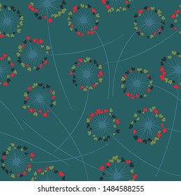 Cute dandelion blowing vector floral seamless pattern. Simple flowers with heart shaped petals. Dandelion herbs meadow flowers floral pattern design. Meadow blossom textile print.