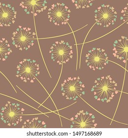 Cute dandelion blowing vector floral seamless pattern. Cute flowers with heart shaped fluff flying. Dandelion herbs meadow flowers floral background design. Meadow blossom with hearts petals.