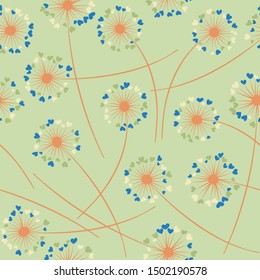 Cute dandelion blowing vector floral seamless pattern. May flowers with heart shaped petals. Dandelion herbs meadow flowers floral background design. Meadow blossom with hearts fuzz.