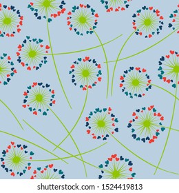 Cute dandelion blowing vector floral seamless pattern. Simple flowers with heart shaped fluff flying. Vector dandelion herbs meadow flowers floral background. Meadow blossom textile print graphics.