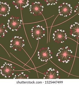 Cute dandelion blowing vector floral seamless pattern. Cute flowers with heart shaped petals. Vector dandelion herbs meadow flowers floral background. Meadow blossom with hearts fuzz.