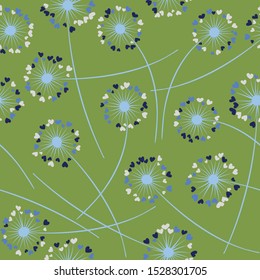 Cute dandelion blowing vector floral seamless pattern. Cute flowers with heart shaped fluff flying. Dandelion herbs meadow flowers floral background design. Meadow blossom with hearts fuzz.